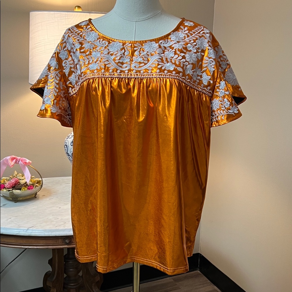 Embroidered Metallic Top in Vibrant Orange